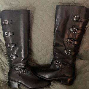 Arturo Chiang Black Leather Buckle Boots